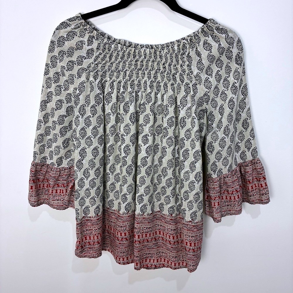 Boho Peasant Blouse Paisley Smocked Bell Sleeve Cream Red Blue Small